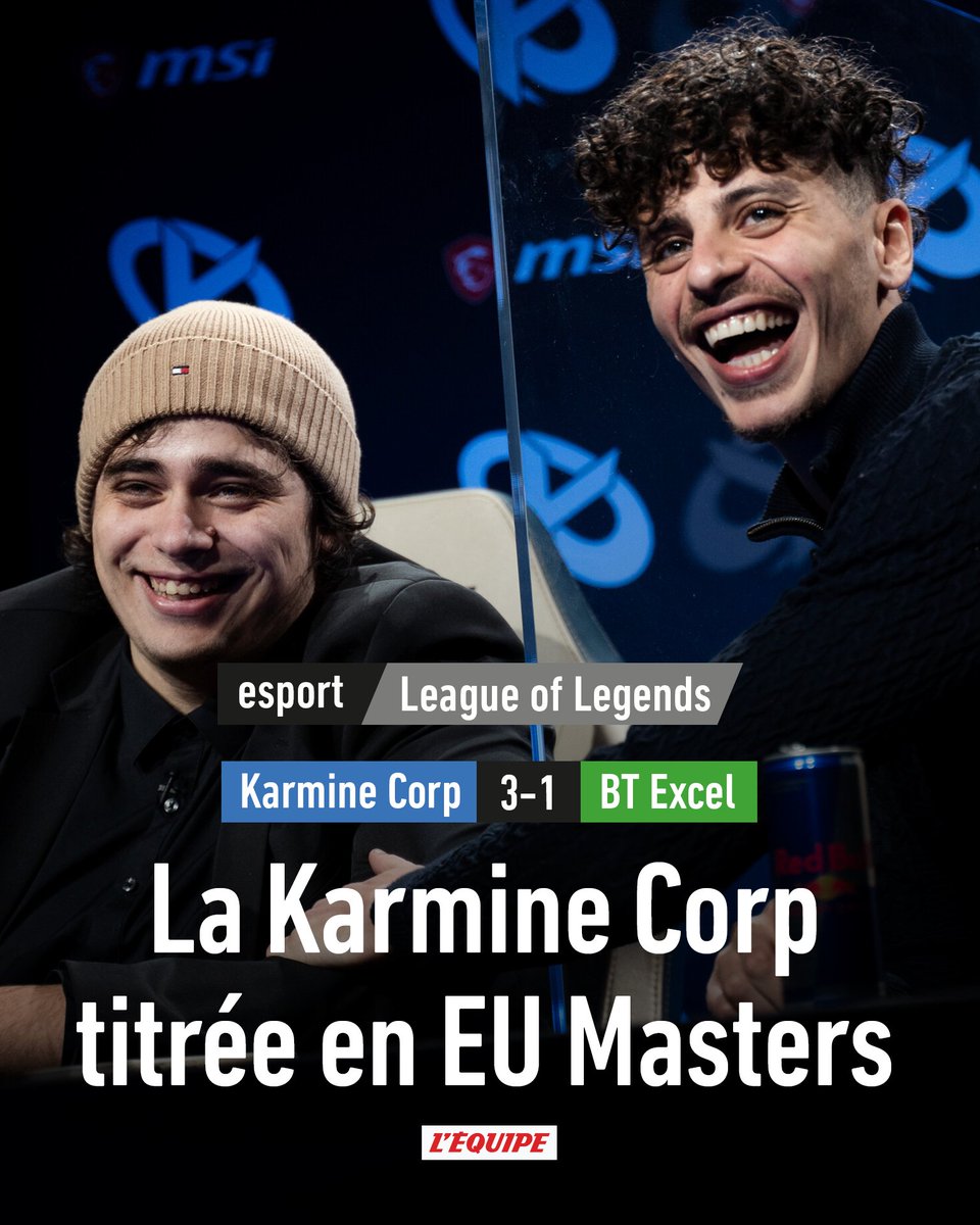 La Karmine Corp, championne de France en titre sur League of Legends, a remporté les European Masters ce dimanche soir (la deuxième division continentale) en battant les Britanniques de BT Excel en finale (3-1). ow.ly/wLVl30rGtmC #KCORP
