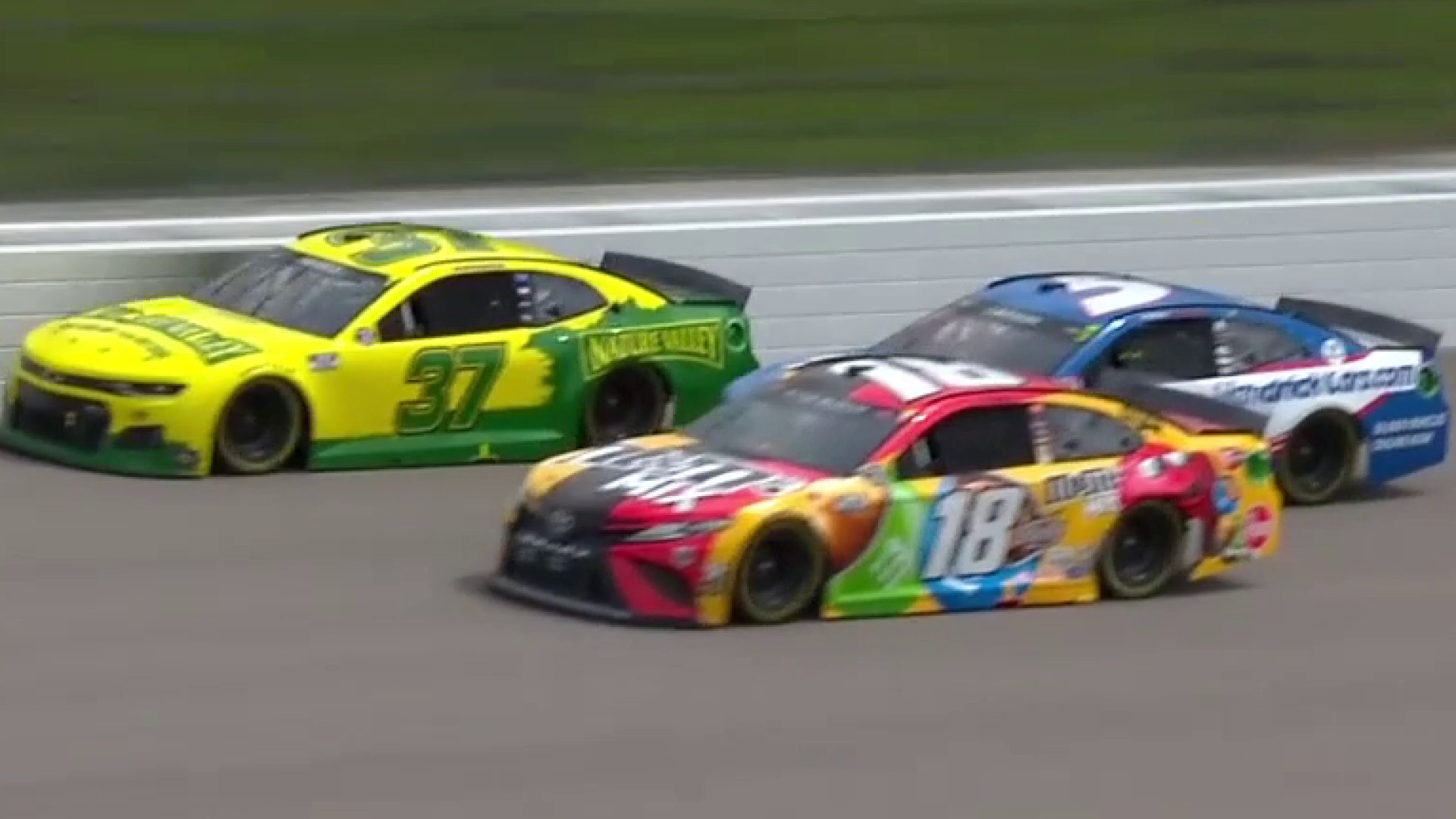 Happy Birthday! Kyle Busch wins the opening stage at Kansas. 