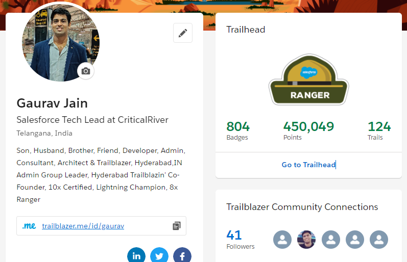 I’ve completed over 800+
<a href="/trailhead/">Trailhead</a>
 badges and 450,000+
Points! #8XRanger #TrailblazerCommunity <a href="/CriticalRiver/">CriticalRiver</a>