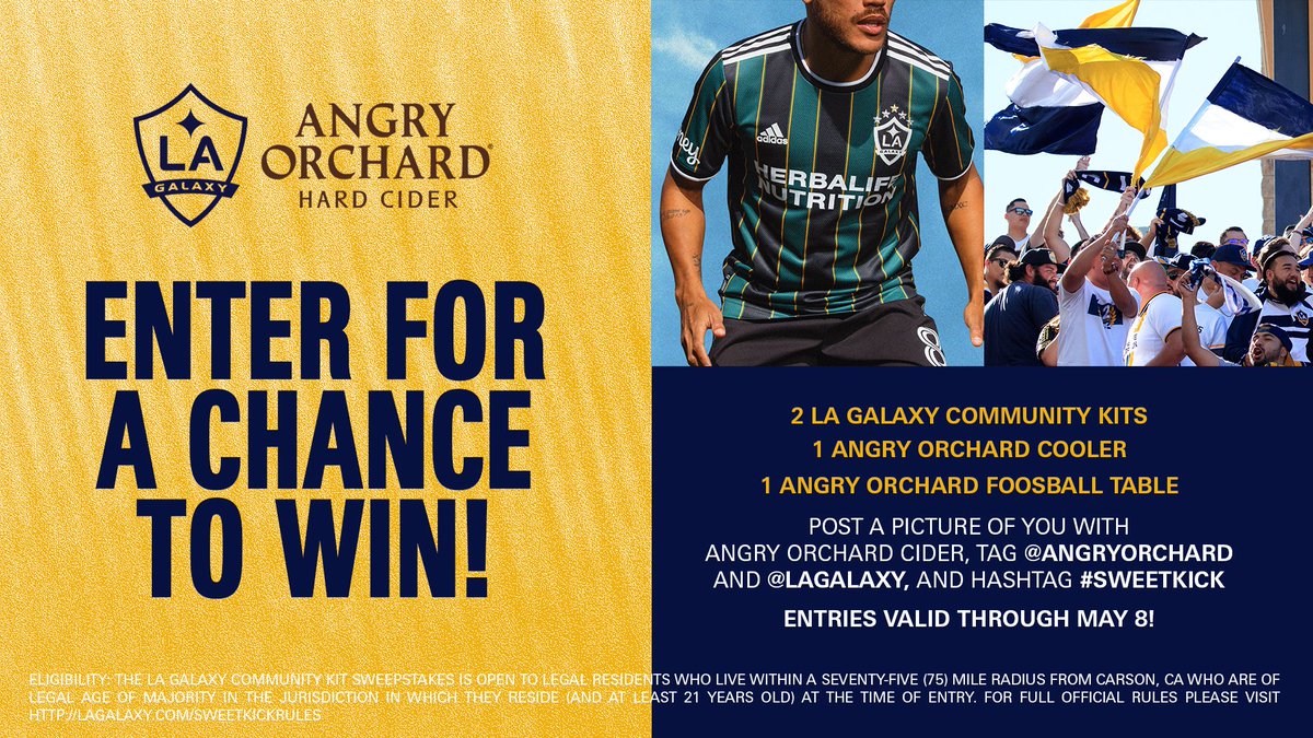 LAGalaxy's tweet photo. Win 2๏ธโฃ #GalaxyCommunity kits, an Angry Orchard Cooler, AND an Angry Orchard Foosball Table
All you gotta do is post a picture of yourself with an
@AngryOrchard cider then tag @LAGalaxy & @AngryOrchard and use the hashtag #SweetKick to be entered to win ๐ซ https://t.co/anPP5RuKH0