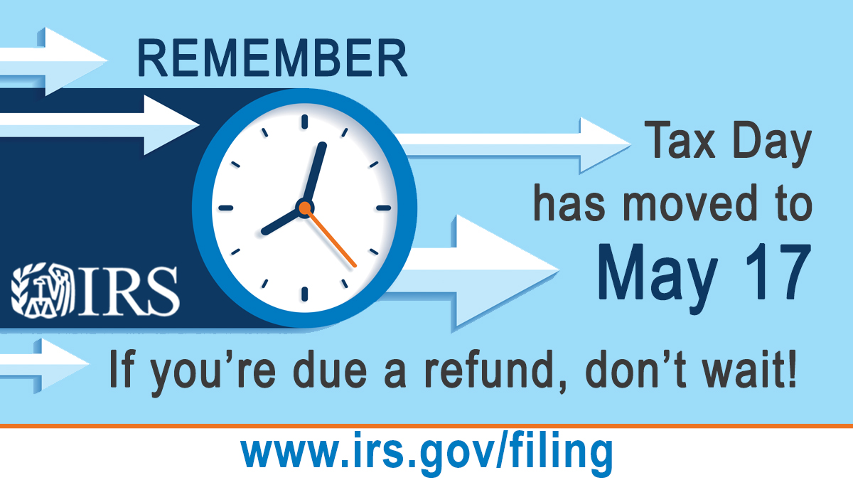 Remember #TaxDay: The individual tax filing and payment deadline was  extended to May 17, 2021. If you still have not filed a 2020 tax return,  see more information from #IRS at https://t.co/RwI6wqUbRw