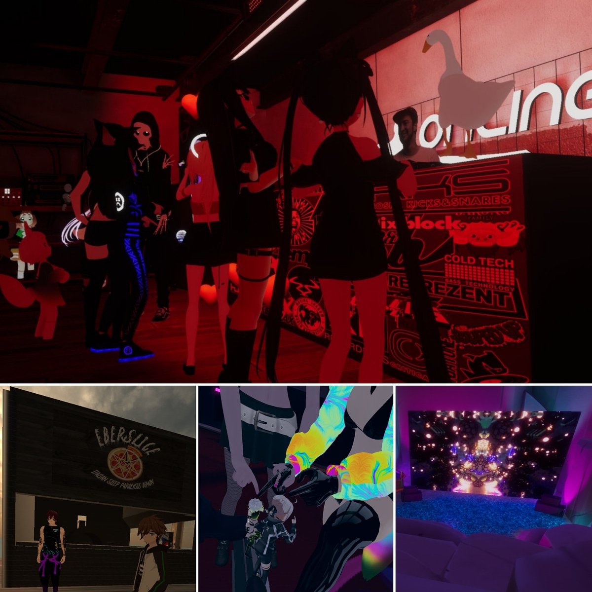 Goosing it up @Loner_Online to a set by @Murder_He_Wrote.

Grabbing a slice of @eberstarkmusic pizza @ragehauz.

Headbanging with feet up @rizumuvr.

Tripping out to @microdoseVR visuals at a DJ set by @Dissolv

Just @vrchat things, I 💖 this place!

#VR #vrchat