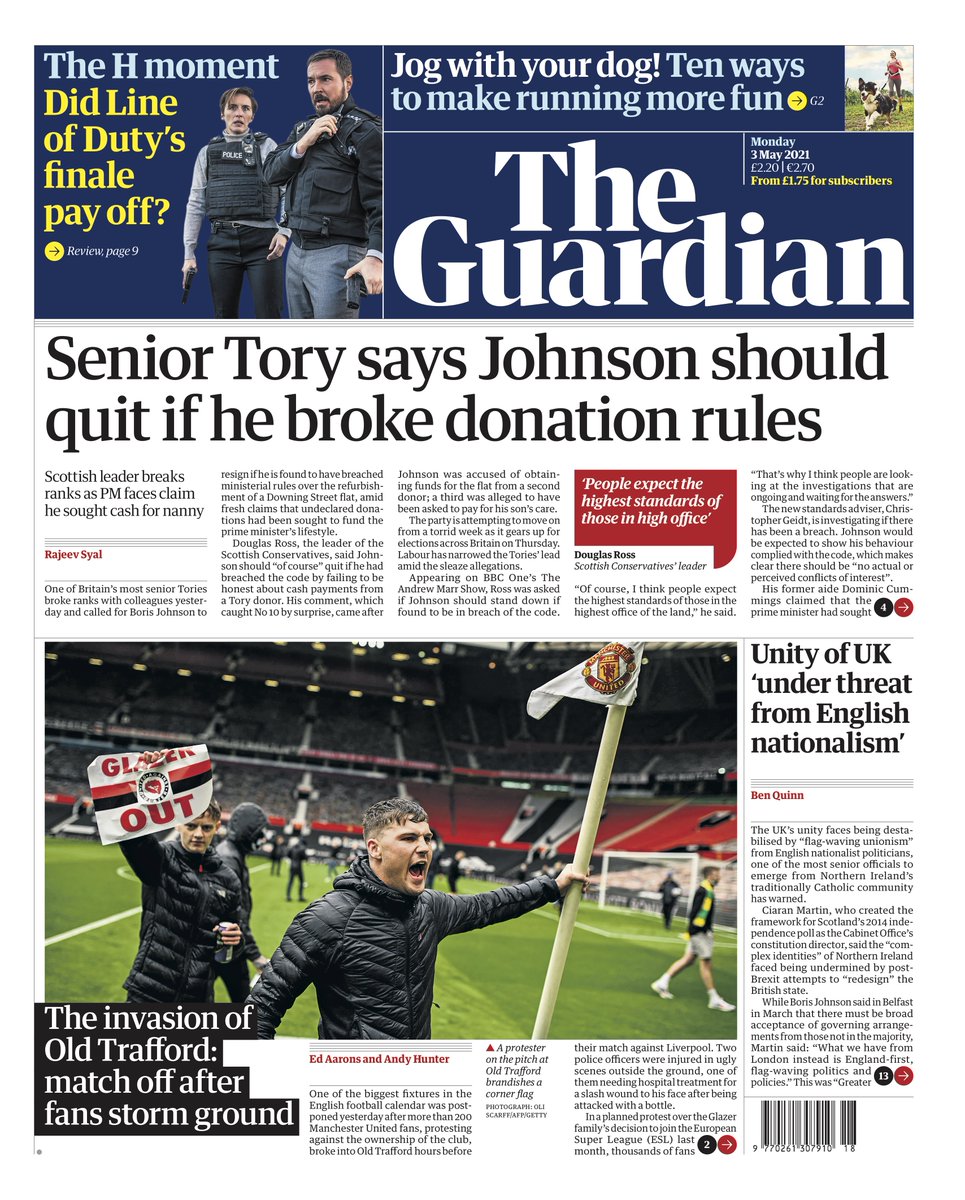 The Guardian Guardian Front Page Monday 3 May 21 Senior Tory Says Johnson Should Quit If He Broke Donation Rules