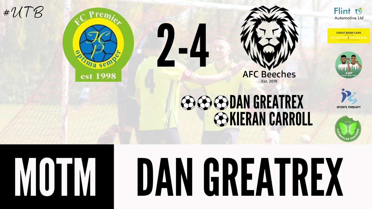 Nothing like a 4-2 win over FC Premier Crusaders to keep the bank holiday spirit alive!

We are just 3 points off top with 2 games in hand and still remain unbeaten 🔥 

Goals:
⚽️⚽️⚽️ @Dan_Greatrex11 
⚽️ <a href="/Kierancarroll_/">Kieran</a> 

MOTM
Congratulations Dan G🏆

#UpTheBeeches 🦁