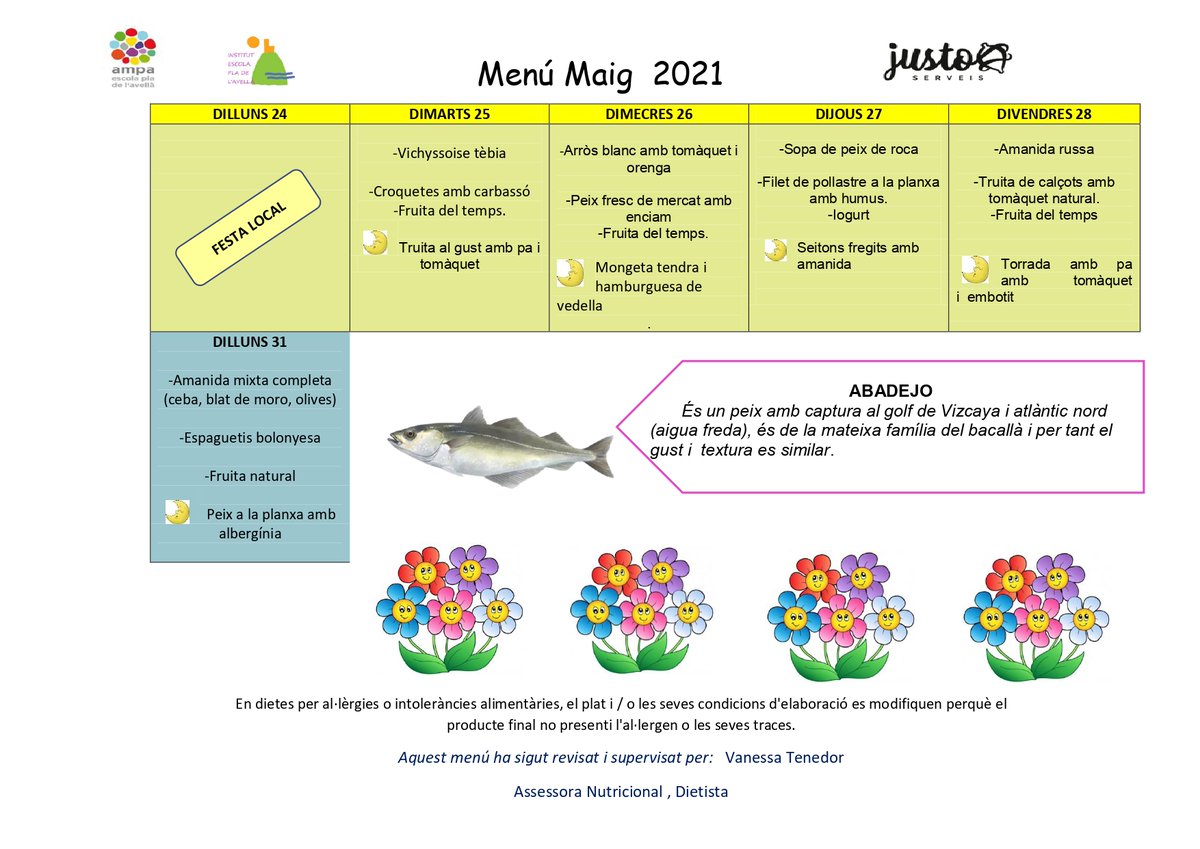 Benvolgudes famílies, 
Compartim amb vosaltres el menú d'aquest mes de Maig per als nostres fills i filles. Trobareu tots els menús al següent enllaç, escolapladelavella.cat/AMPA/menu-de-m…
