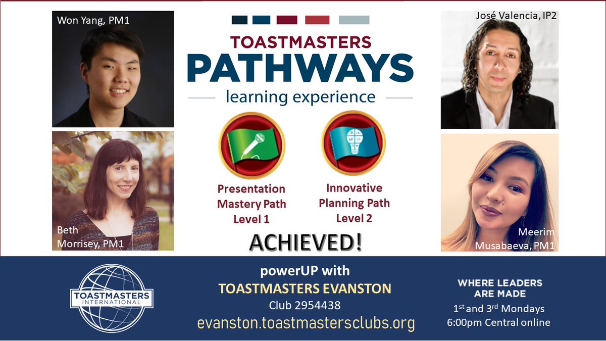 Proud of #Toastmasters #Evanston members' educational achievement in Quarter 1 of 2021!

guest signup to powerUP #PublicSpeaking #WhereLeadersAreMade: evanston.toastmastersclubs.org

#ToastmastersInternational #Toastmaster #Toastmastersclub