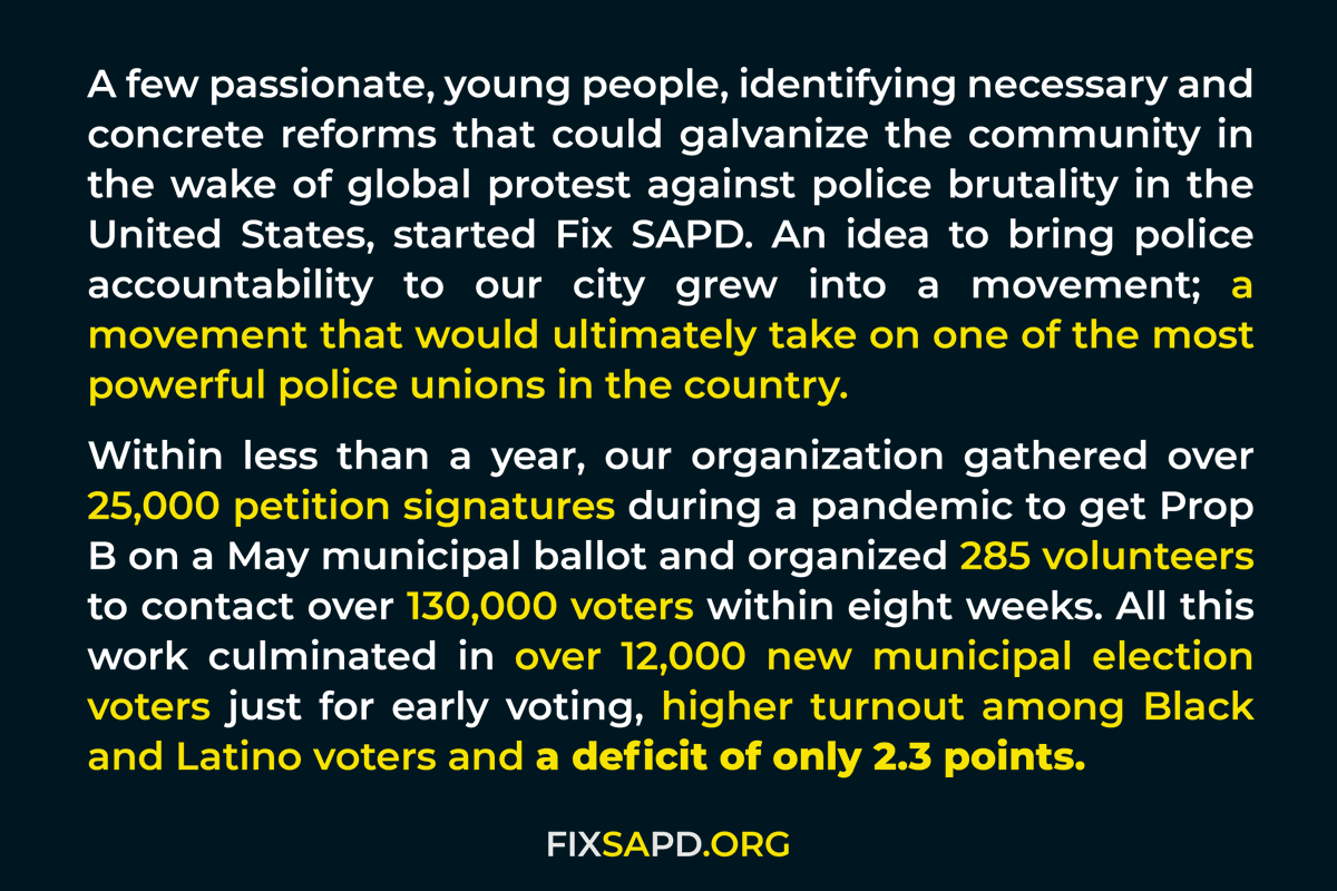 fixsapd's tweet image. Last night’s results made clear that more than 73,000 voters will no longer tolerate anything less than what is needed to keep our city safe from police misconduct. Lives are at stake. We won’t stop now.

To everyone who supported #PropB: from all of us at Fix SAPD, THANK YOU.