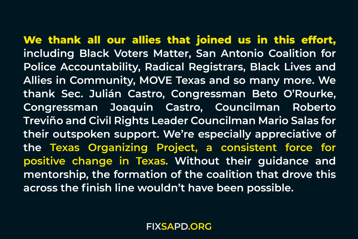 fixsapd's tweet image. Last night’s results made clear that more than 73,000 voters will no longer tolerate anything less than what is needed to keep our city safe from police misconduct. Lives are at stake. We won’t stop now.

To everyone who supported #PropB: from all of us at Fix SAPD, THANK YOU.