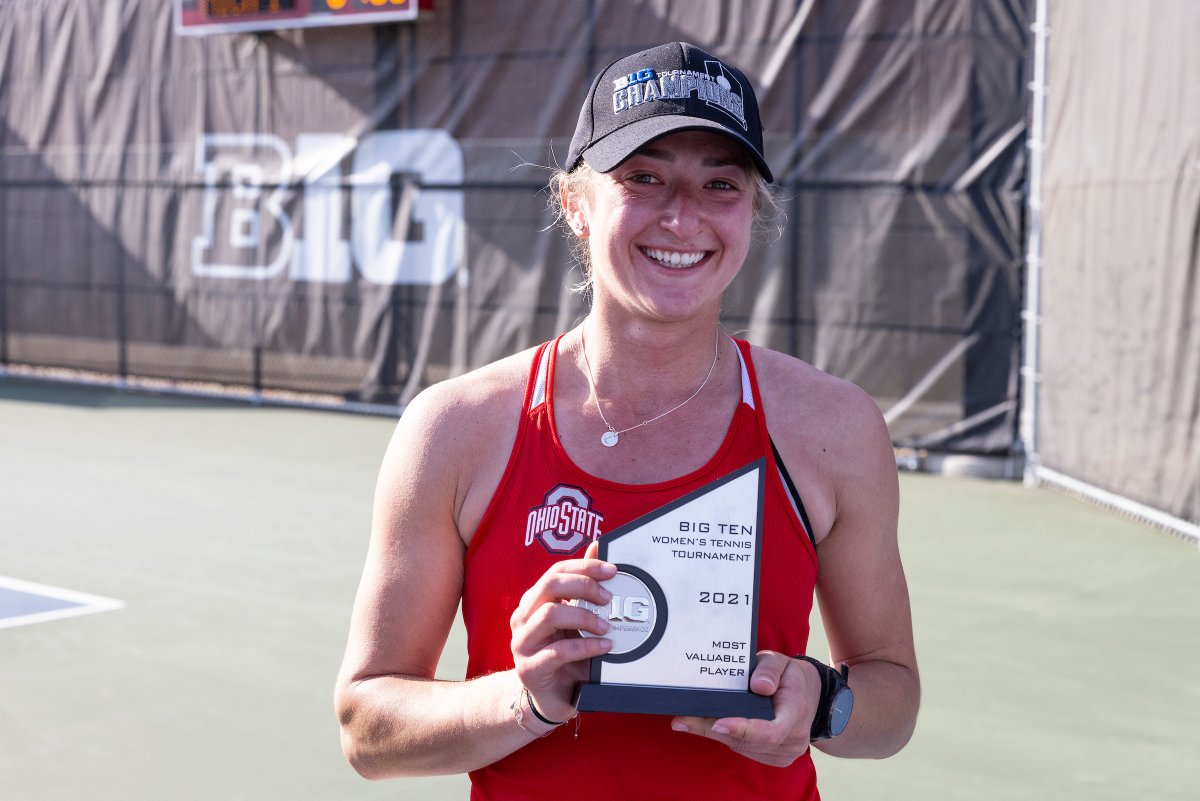 OhioStateWTEN's tweet image. MVP! MVP! Lisa Hofbauer was named Most Valuable Player of the #B1GWTennis Tournament. 

Luna Dormet joined Hofbauer on the all-tournament team. 

Congrats! 

#GoBuckeyes