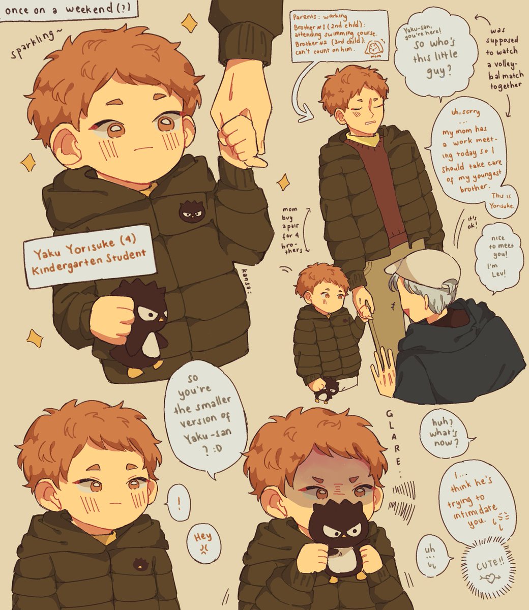 The first time Haiba Lev (16), a highschool volleyball player, met Yaku Yorisuke (4) a kindergarten student and certified Bad Bad Badtzmaru fan 🦁🐧 #Haikyuu 