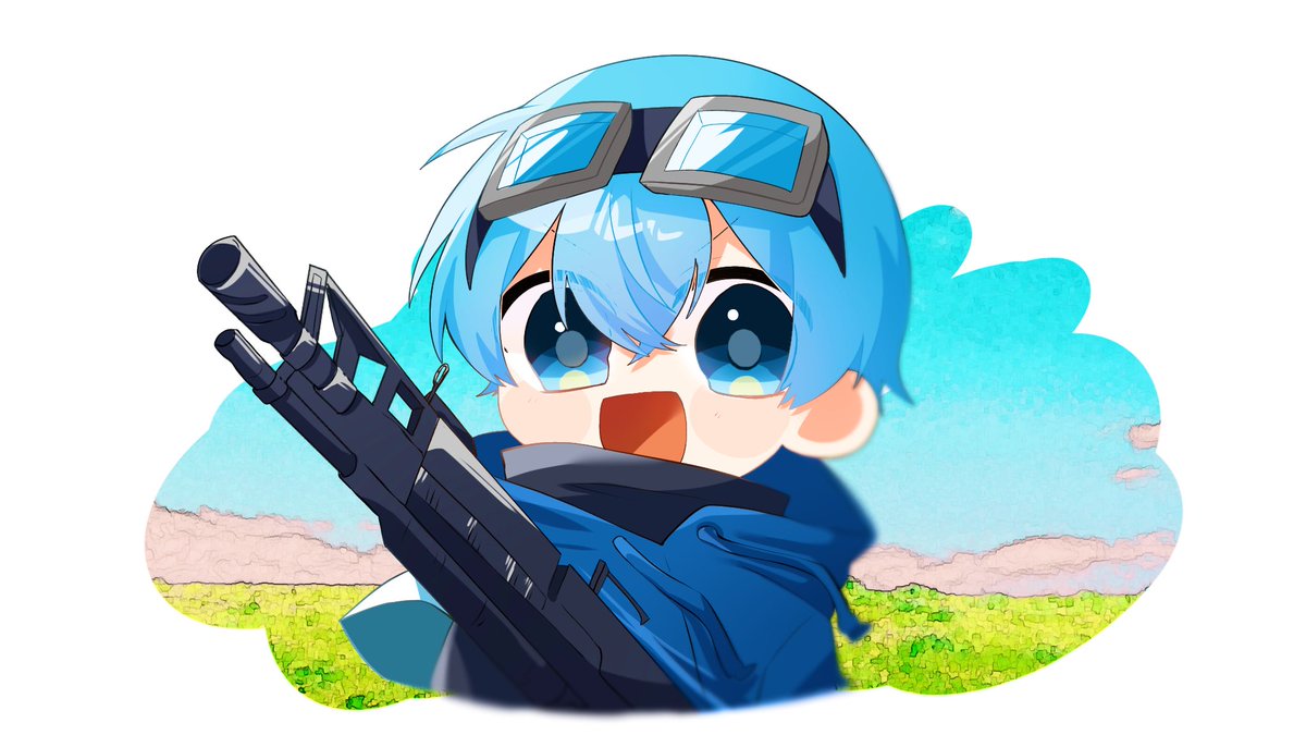 goggles weapon blue eyes goggles on head blue hair gun 1boy  illustration images