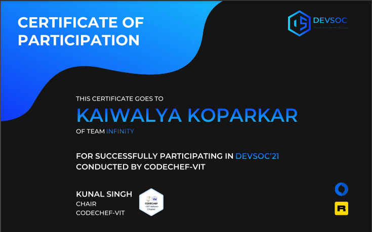kaiwalya_'s tweet photo. Hello folks, I participated in the @codechefvit DEVSOC21 hackathon. It was an awesome experience to work with my team @Yuvraj_Here @vikasganiga05 @web_shivam. We learned many things and enjoyed a lot. Thanks to the whole #devsoc team for organizing such an awesome #hackathon. https://t.co/92kav0qY0u