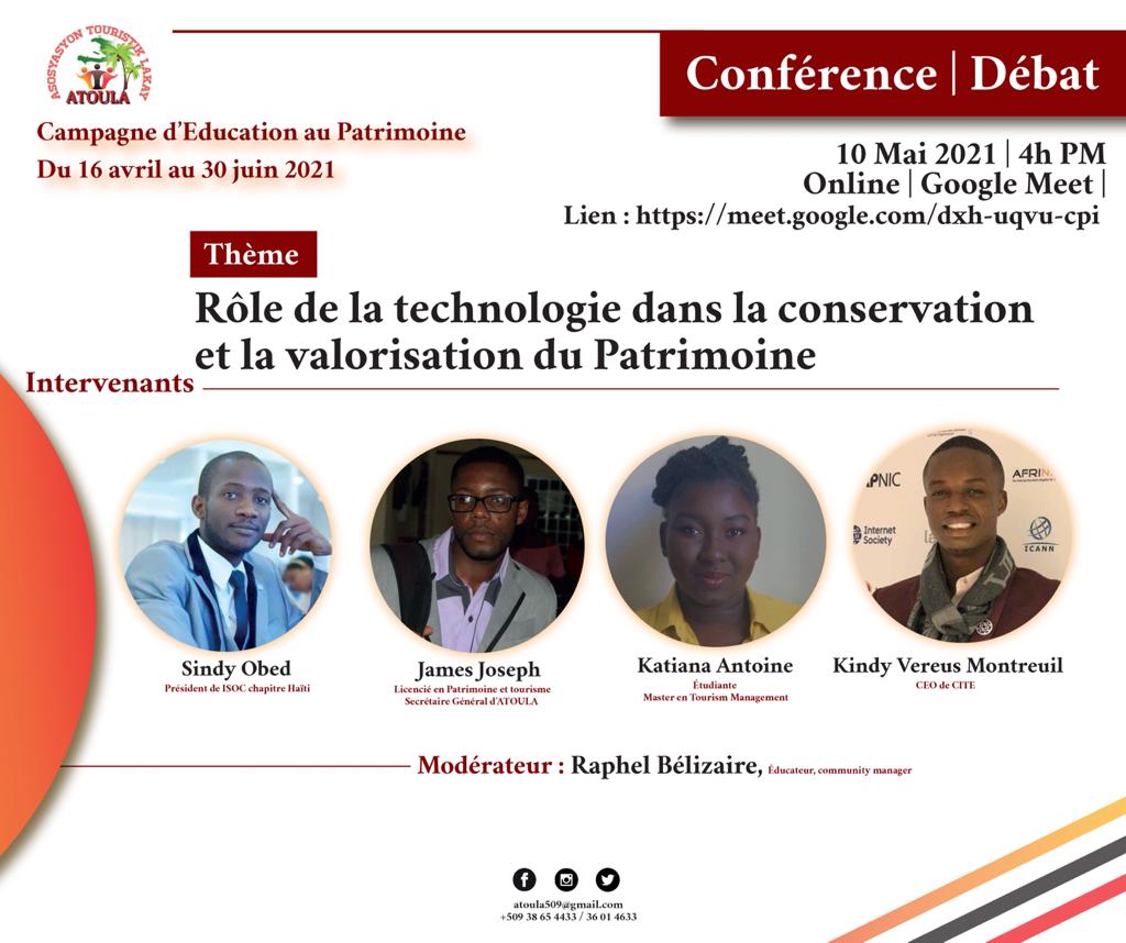 raphelbelizaire's tweet photo. ✅ Ajoute aktivite sa nan kalandriye w.  
 💫 Rôle de la #Technologie dans la conservation et la valorisation du #patrimoine. 
📆10 Mai 2021.
⏱️ 4è. 
Pa bliye swiv @Atoula509 pou tout mizajou sou aktivite sa ak anpil lòt ankò. https://t.co/KhaCtHwvwB
