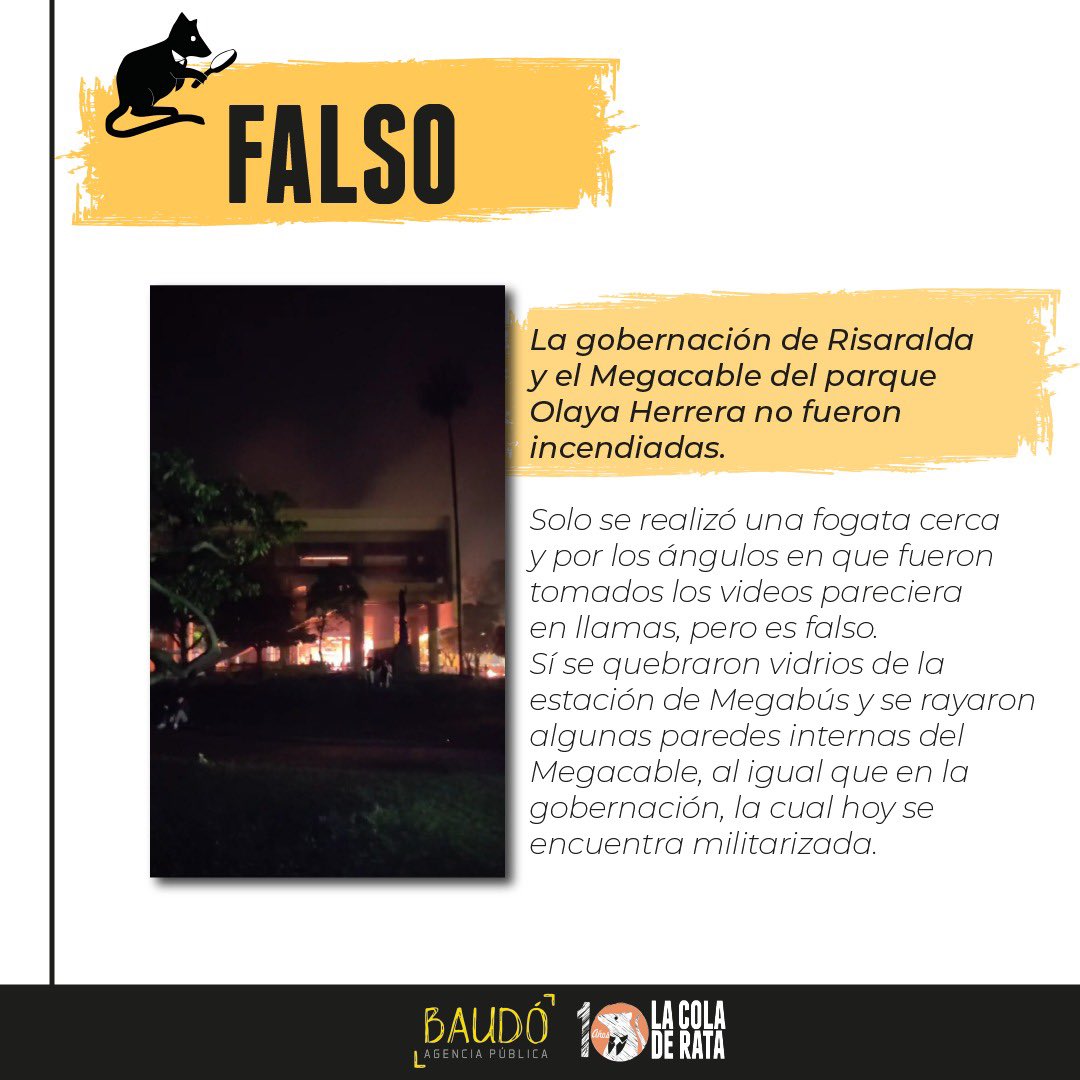 BaudoAP's tweet photo. Junto con @lacoladerata salimos a hacer reportería juntos para averiguar qué fue lo que pasó la noche del 1 de mayo de 2021 en #Pereira 

En este carrusel verificamos qué noticias difundidas por redes sociales fueron falsas❌ y cuáles verdaderas✅

Comparte la información 🤝 https://t.co/A3eNv7rMd0
