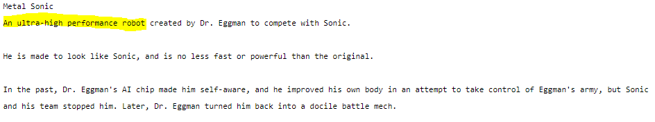 Sonic Loreposting on X: Talking about Neo Metal Sonic, this last one is Metal  Sonic but with a new body built by himself, when Eggman modified his AI  making him become more