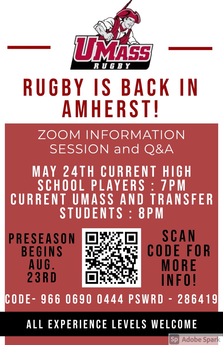 Rugby is back! May 24th the team will be holding zoom information sessions and Q&amp;A, to talk about the team, workouts for the summer, practices, Covid regulations and the Fall Season. We'll see you there!

7pm HS Players
8pm UMass and Transfer Students