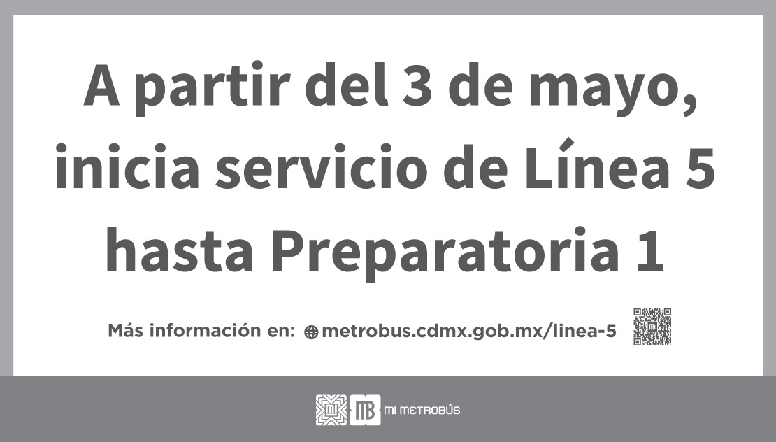 Mañana lunes 3 de mayo inicia servicio de línea 5 hasta Preparatoria 1.

👉🏼 ¡Toma previsiones en tu viaje! ⏰ 🚌