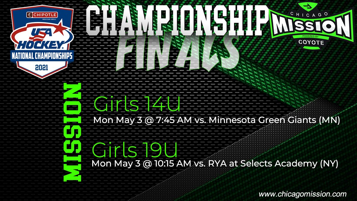 CONGRATULATIONS and GOOD LUCK to the Girls 14U &amp; 19U teams in their USAH National Championship Games tomorrow!
<a href="/AHAI_1/">AHAI</a> <a href="/MissionGirlsAAA/">Mission Girls Hockey</a>
