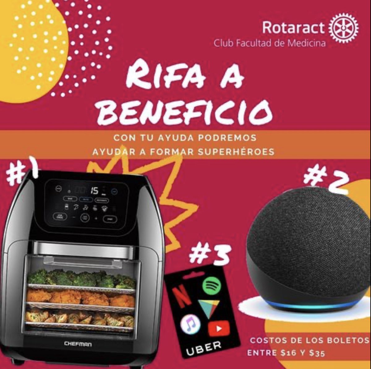 Rotaract_FacMed's tweet photo. PARTICIPA en nuestra RIFA a beneficio 🤩 Los premios están increíbles, los boletos no pasan de $35 pesos y puedes apoyarnos a Formar Superhéroes 🦸‍♀️ 🦸🦸‍♂️ 
Forms: https://t.co/VBcS4JGjPc 

Cualquier duda favor de comunicarse con los socios o directamente con las redes del club ⚙️ https://t.co/F4z2zAWuEl