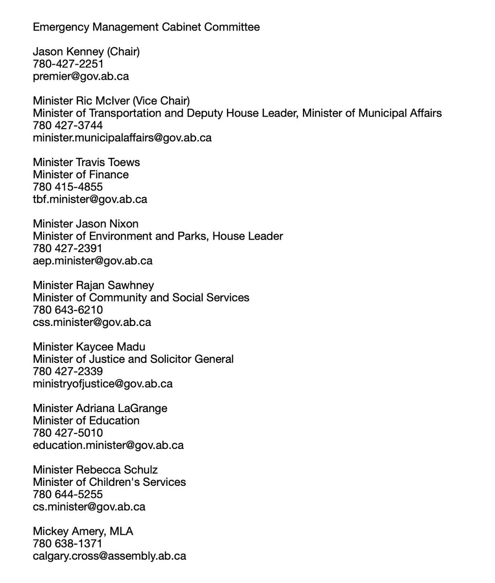 So uh... 

For anyone who’s interested.

This is the contact info for the “COVID Cabinet”.

Given that <a href="/jkenney/">Jason Kenney 🇨🇦🇺🇦🇮🇱</a> just cleared their schedules for the next two weeks, we bet they would loooooove to hear what you think of the job they’re doing...

#abpoli #ableg #cdnpoli