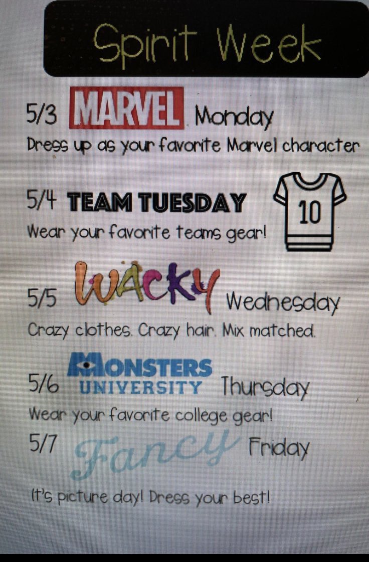 Spirit Week May 3rd-May 7th!