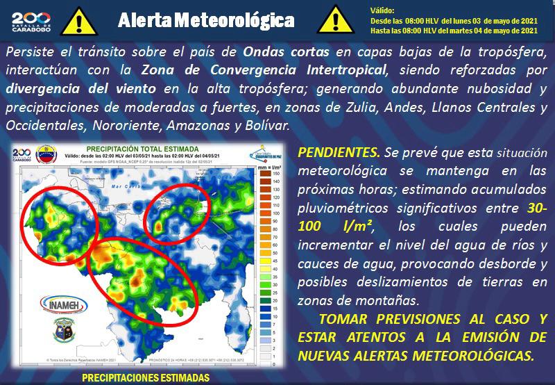 NestorLReverol's tweet photo. Informamos al país que el @Inameh, emitió alerta meteorológica donde se pronostica abundante nubosidad y precipitaciones de moderadas a fuertes en la zona de Zulia, Los Andes, Llanos Centrales, Occidentales, Nororiente, Amazonas y Bolívar.

Tomar previsiones ante la situación. https://t.co/0gMWX6xFzz