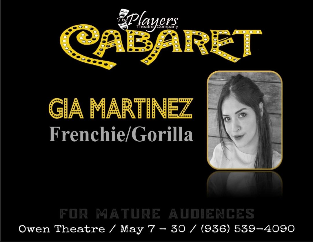 Meet The Players of Cabaret!
Gia Martinez is a singer, dancer, choreographer, burlesque performer, with strong jazz and ballet influences, who graduated from UH School of Theatre and Dance. 
Come see Gia on the Owen Stage weekends in May in Cabaret!  
tinyurl.com/47t6ettp