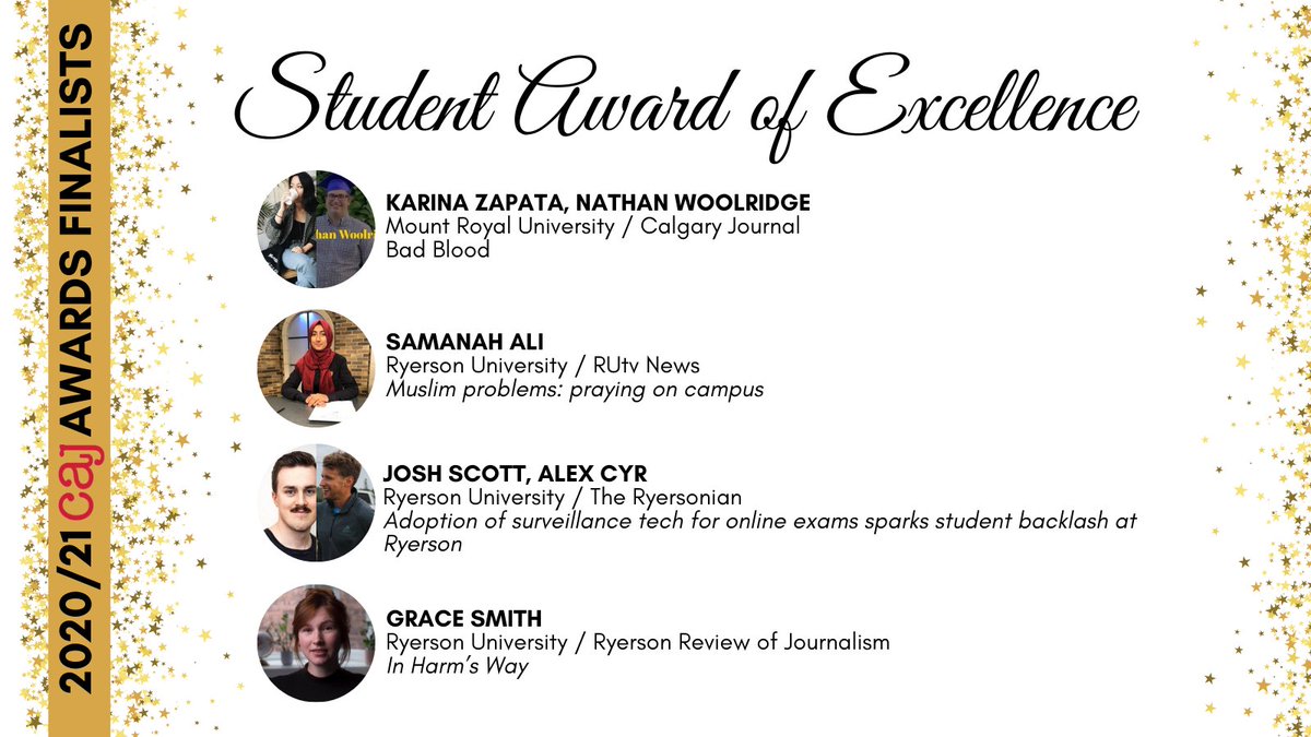 Canadian Association of Journalists (@caj) on Twitter photo Congratulations to the finalists for the Student Award of Excellence:
🏆 <a href="/bykarinazapata/">Karina Zapata</a>, @nathanw_yyc—Calgary Journal, Mount Royal University
🏆 <a href="/SamanahAli/">Samanah Ali</a>—RUTV News, Ryerson
🏆 @shua_scot, <a href="/Cyresy_10/">Alex Cyr</a>—The Ryersonian, Ryerson
🏆 @_gracemsmith—Ryerson Review
#CAJawards Congratulations to the finalists for the Student Award of Excellence:
🏆 <a href="/bykarinazapata/">Karina Zapata</a>, @nathanw_yyc—Calgary Journal, Mount Royal University
🏆 <a href="/SamanahAli/">Samanah Ali</a>—RUTV News, Ryerson
🏆 @shua_scot, <a href="/Cyresy_10/">Alex Cyr</a>—The Ryersonian, Ryerson
🏆 @_gracemsmith—Ryerson Review
#CAJawards