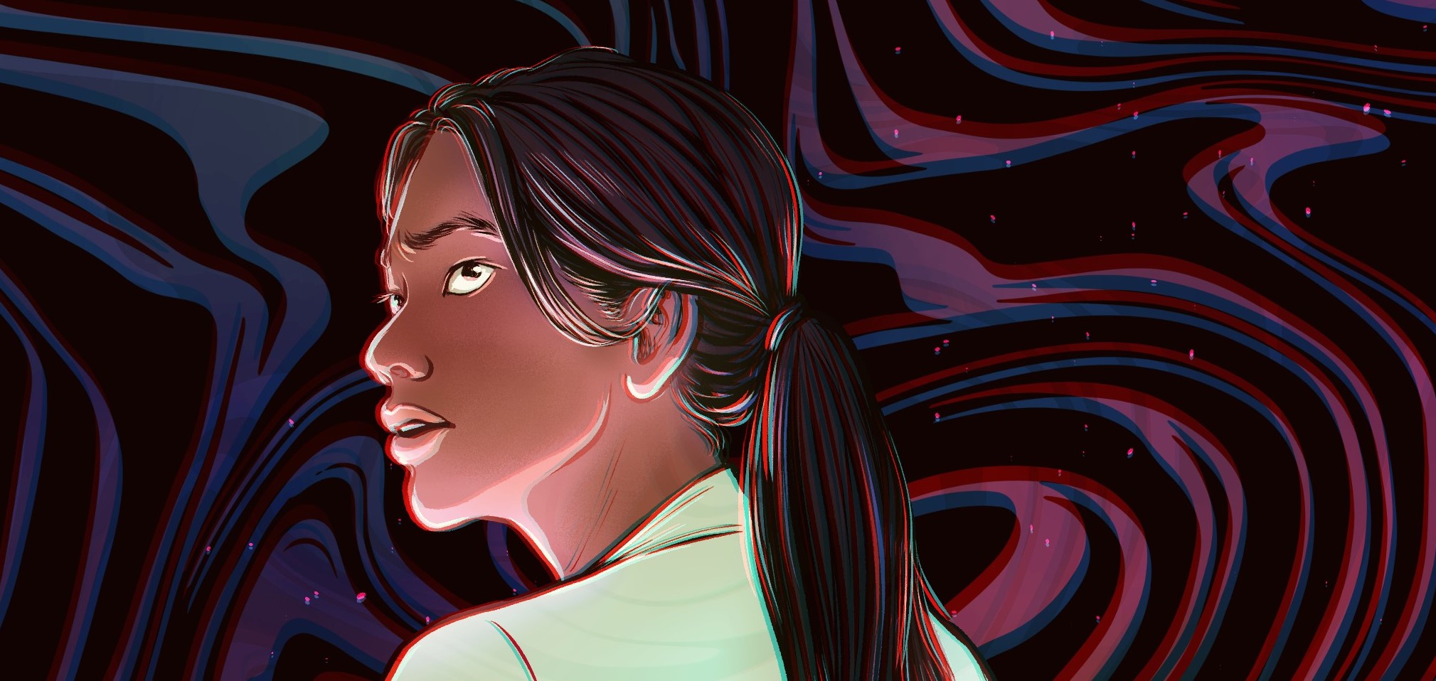 Close up of the previous illustration, on Yasira's face: looking back and up over her shoulder, concerned, and lit from below.