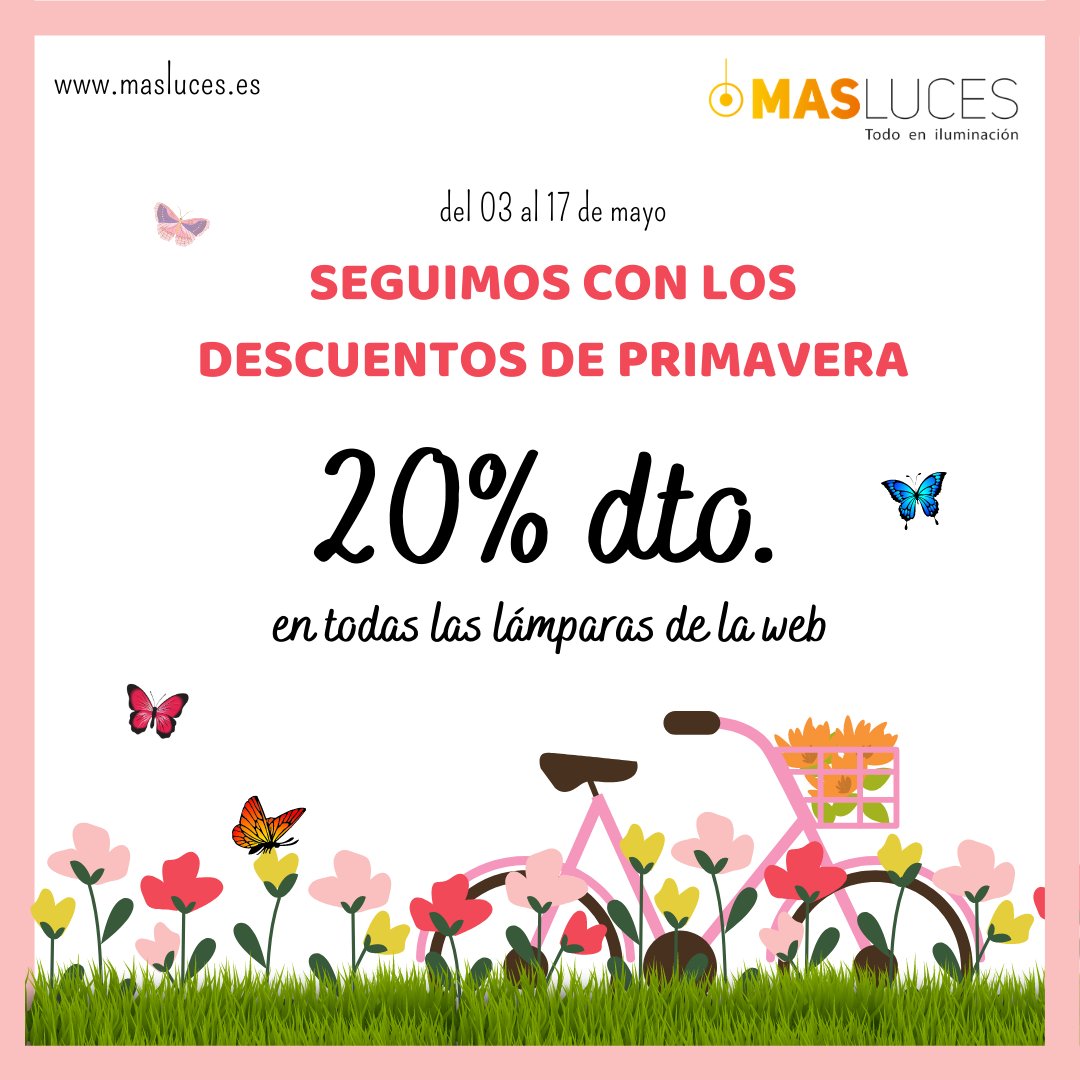 ¡Seguimos con las mejores ofertas de primavera!
20% de dto en todas las lámparas de la web.
No te quedes sin la tuya.

masluces.es/lamparas-ilumi…

#masluces #primavera #descuentos #ofertas #iluminacion #decoracion