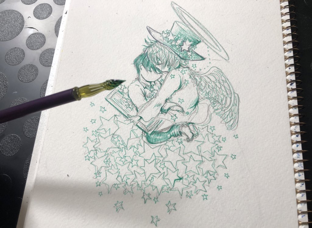 ちなみにチラ見せしてた下書きとか線画 顔料インクでお気に入りのガラスペンで 星の デミ グラスのイラスト