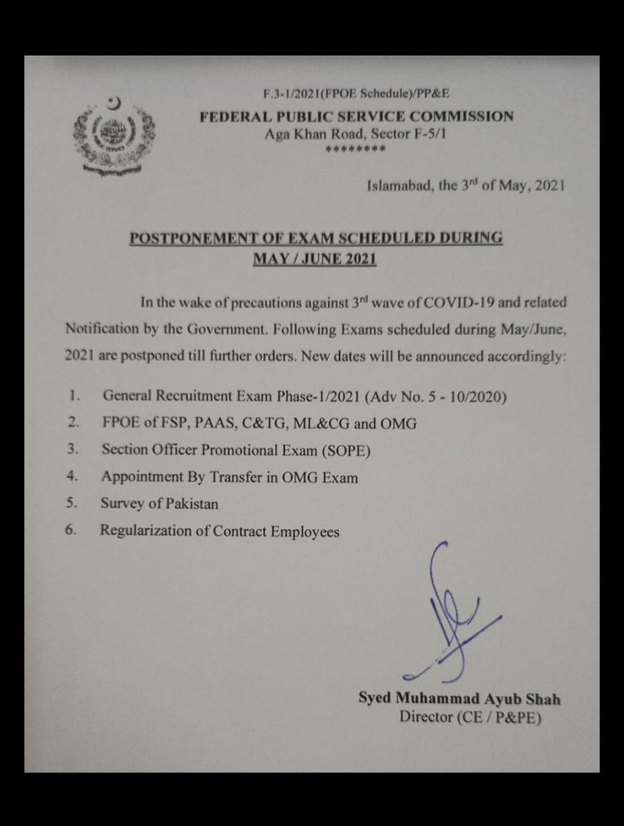 DrSadiqAC's tweet image. FPSC Exams schedule in May/June  Postponed.
#FPSC
#COVID3rdWave