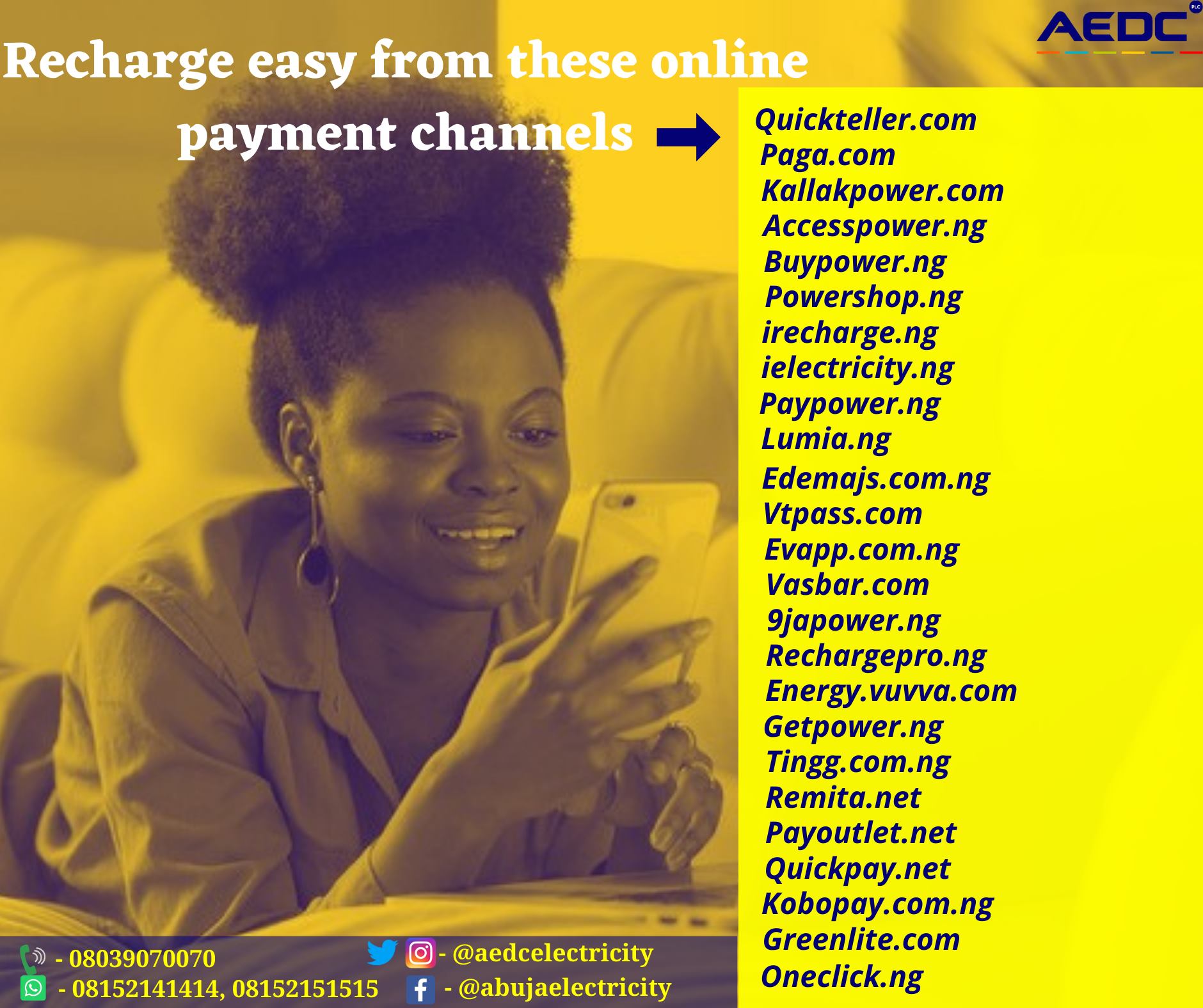 vervaldatum Jumping jack min aedcelectricity on Twitter: "Recharging your prepaid meter made easy! Visit https://t.co/ShcP7t5rF9 to choose any of our online vendors, follow the prompts, and recharge. #AEDC #Abujadisco #PowerofCommitment https://t.co/O4vdPnKwDo" / Twitter vervaldatum Jumping jack min aedcelectricity on Twitter: "Recharging your prepaid meter made easy! Visit https://t.co/ShcP7t5rF9 to choose any of our online vendors, follow the prompts, and recharge. #AEDC #Abujadisco #PowerofCommitment https://t.co/O4vdPnKwDo" / Twitter