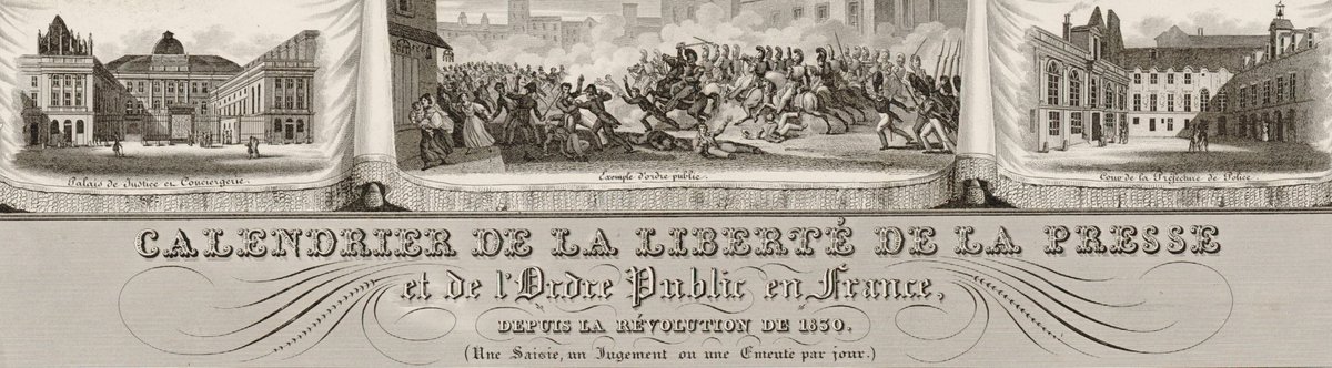 En 1833, un calendrier de la liberté de la presse et de l’ordre public (@GallicaBnF) répertoriait déjà les atteintes à l'exercice du journalisme. Merci à @RSF_inter, à tous ceux qui poursuivent cette veille & œuvrent pour la liberté de la presse.✊📰#JourneeDeLaLiberteDeLaPresse