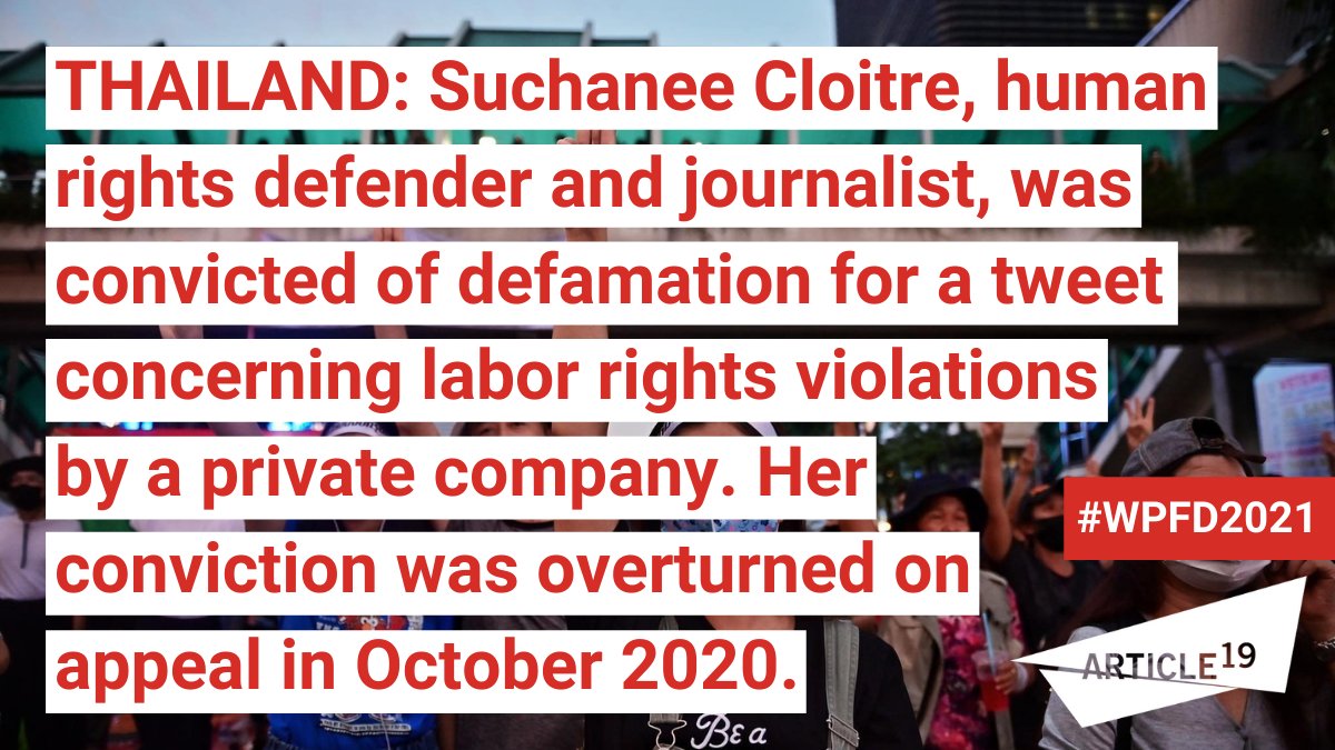 article19asia's tweet photo. Suchanee is 1 of many journalists in #Thailand targeted for their work. Criminal defamation provisions are used to stifle independent journalism &amp; #HumanRights reporting.
👉 https://t.co/0bXgj5b9AJ
#JournalimsIsNotACrime
#WPFD2021
#WorldPressFreedomDay
#InformationAsAPublicGood https://t.co/HT6XsG9nm9