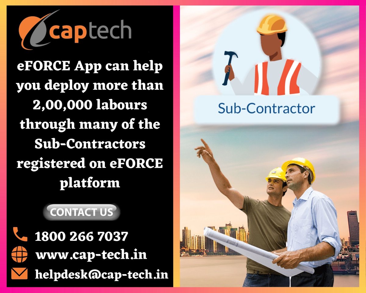 CaptechT's tweet image. There are more than 4500 KYC verified Labour Contractors/Sub-Contractor registered on our eFORCE application and they have more than 2 lakh labour workforce with them. If you are in search of the right Sub-Contractor/Labour Contractor then you can simply pre-register.

#Captech