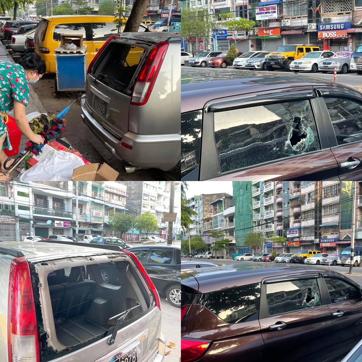 JeonLavendar20's tweet photo. Terrorists troops smashed the cars in 46th &amp; 47 Street and Bogyoke Street, Yangon on May2 night. 

#May3Coup
#WhatsHappeningInMyanmar https://t.co/enOBFNT6Nj