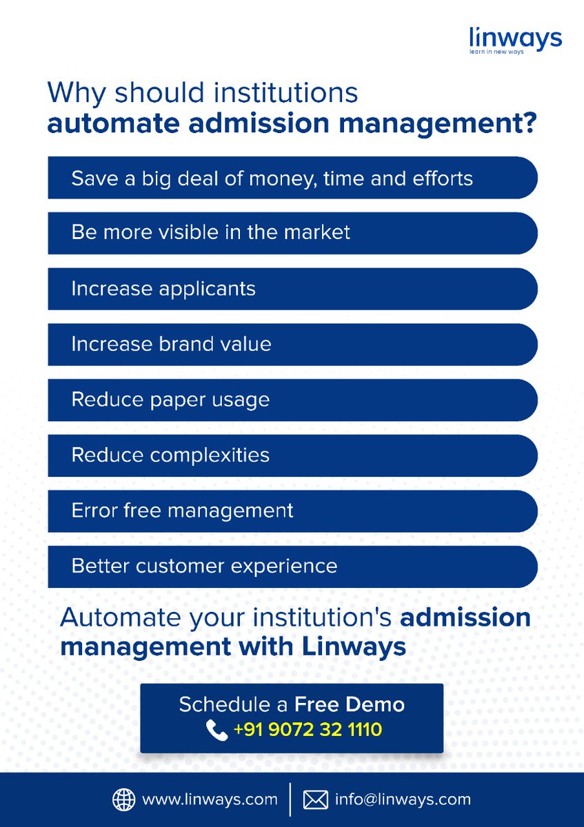 Implement seamless admission management with #Linways. 
Book a free demo: linways.com/schedule-demo
Reach out to us: info@linways.com or +91 9072351110

#admission #admissions #admissionbook #admissionsconsulting #admissionconsulting #admissiontest #AdmissionsOpen #admissionsoffice
