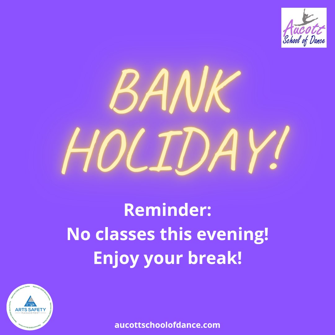 🌞HAPPY BANK HOLIDAY!🌞

Enjoy your evening off dancers and we'll see you back next week. Classes as normal from tomorrow😊