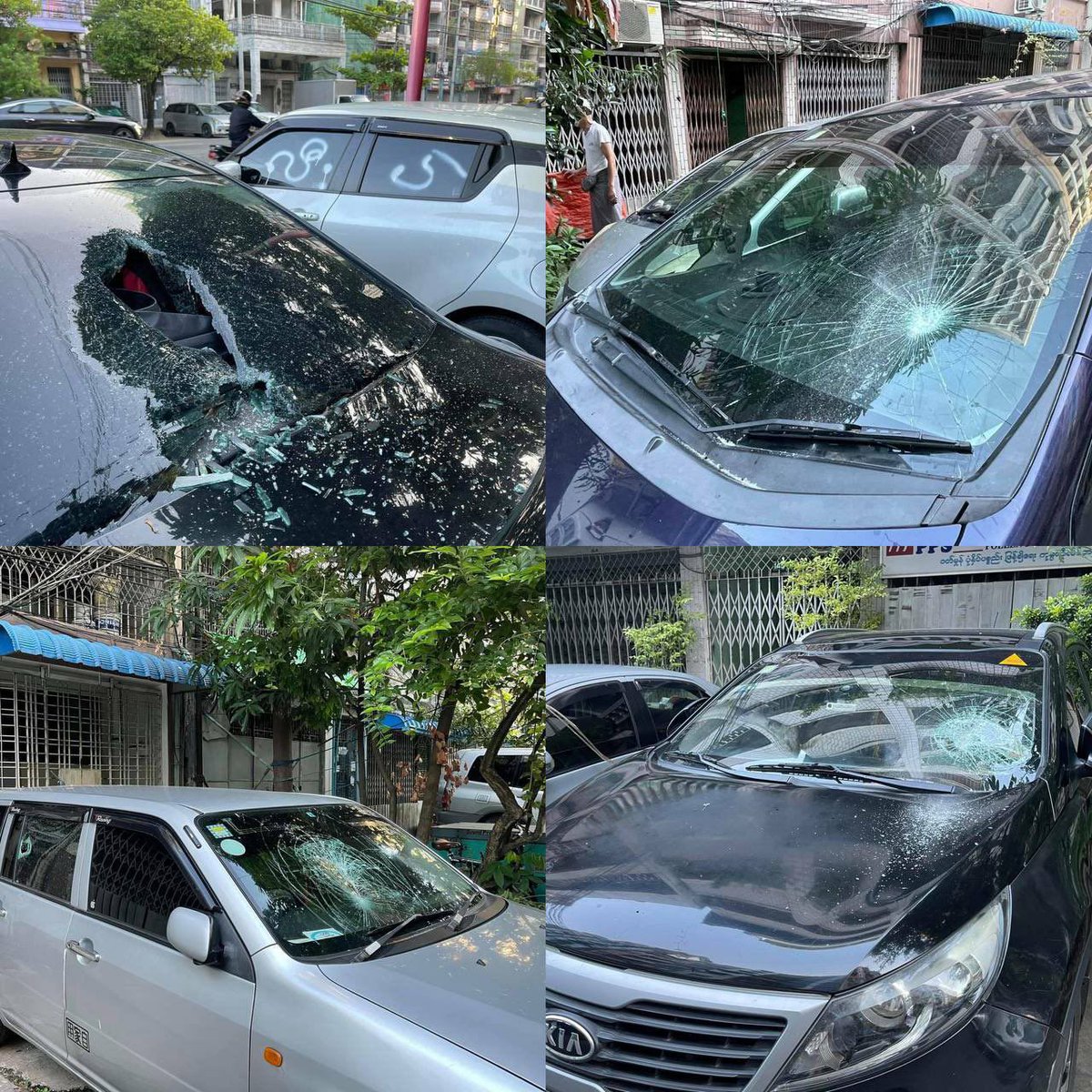 Chue_Myat_Htet's tweet photo. Terrorists forces smashed the cars in 46th &amp; 47 Street and Bogyoke Street, Yangon on May2 night. 

#May3Coup
#WhatsHappeningInMyanmar https://t.co/6f4PAWzuGc