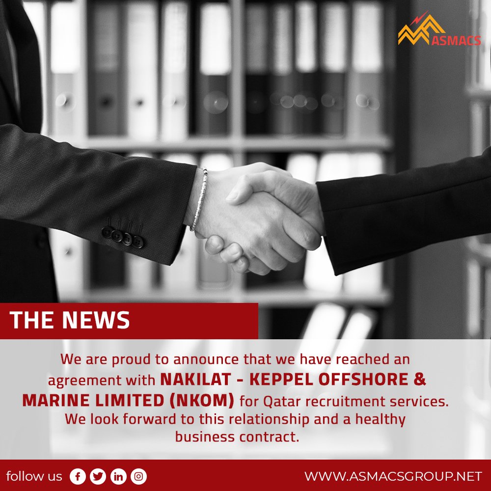 AsmacsG's tweet photo. #MondayNews 
we have reached an agreement with NAKILAT - KEPPEL OFFSHORE &amp;
MARINE LIMITED (NKOM) for Qatar recruitment services.
Follow our website for more update 
https://t.co/wpQzq3U2H8

 #ASMACS #qatar #keppel
#nakilatqatar #shore #offshore #recruitment #services #marine https://t.co/VUqlytGBQD