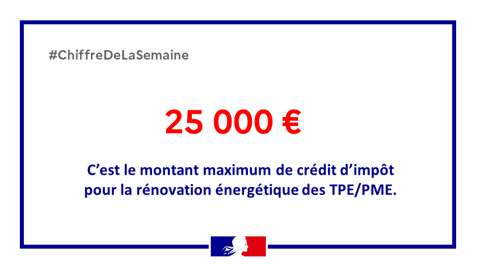 Economie_Gouv's tweet photo. #ChiffreDeLaSemaine | Le @gouvernementFR a mis en place un crédit d'impôt pour la #rénovation énergétique des bâtiments tertiaires des #TPE et #PME.
🔎 Son montant est de 30 % des dépenses éligibles dans la limite de 25 000€. 
👉 https://t.co/Dvhibl34bn
#IR2021 #FranceRelance https://t.co/UA18df2d5I