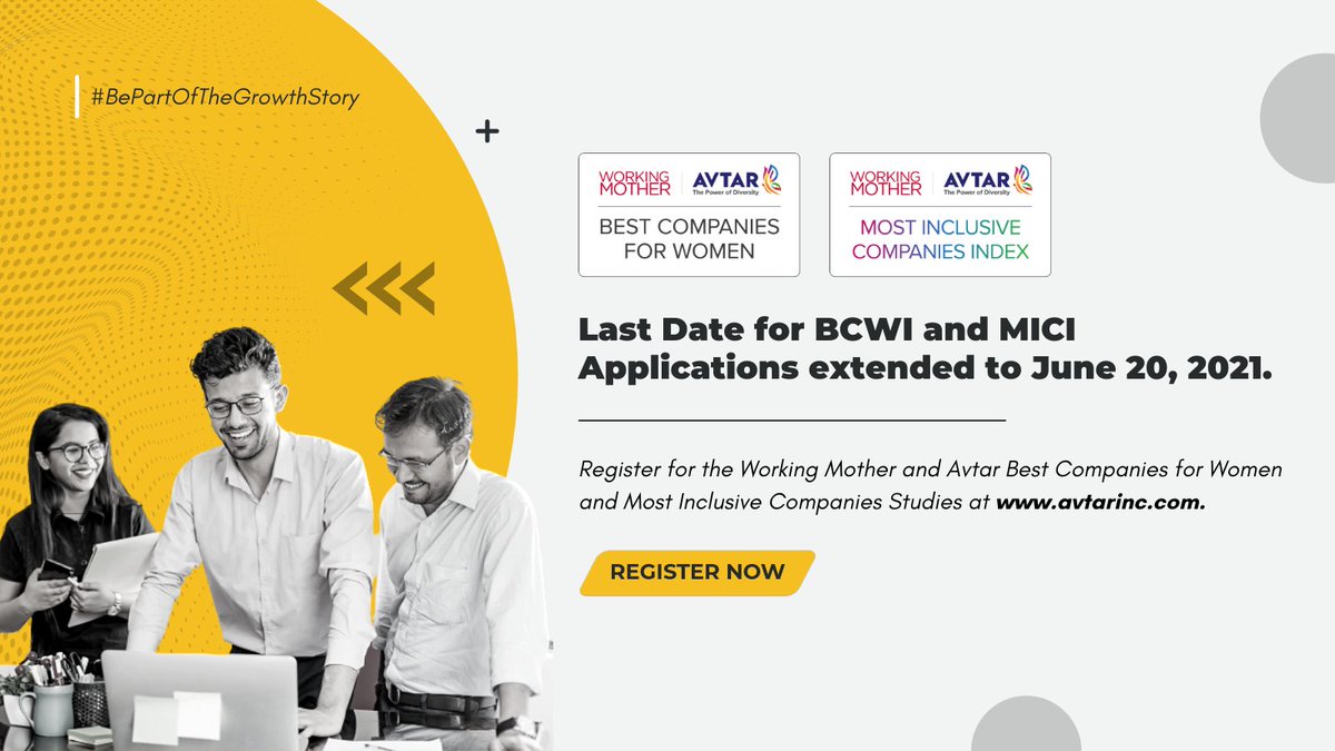 avtarcc's tweet photo. Due to the ongoing Pandemic situation, the last date for Application submissions for the 2021 Working Mother and Avtar Best Companies for Women in India Study and the Most Inclusive Companies Index, has been extended to June 20, 2021.

Register now at https://t.co/a9E9a382c0 https://t.co/bdFlqD8S2s