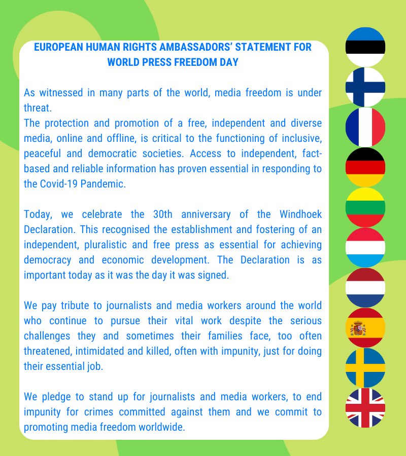 Today = #WPFD2021

The European #HumanRightsAmbassadors pay tribute to journalists & media workers around the world who continue to pursue their vital work despite the serious challenges they & sometimes their families face

#Journosafe #PressFreedom  #EndImpunity 

⤵️ Statement