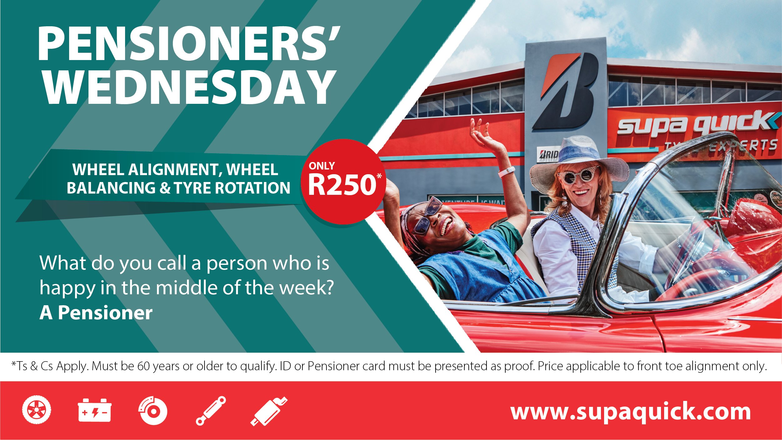 Supa Quick on X Get ready for PensionersWednesday with an amazing deal on wheel alignment balancing and rotation for only R250 Every Wednesday bring your Identification along to cash in on Supa