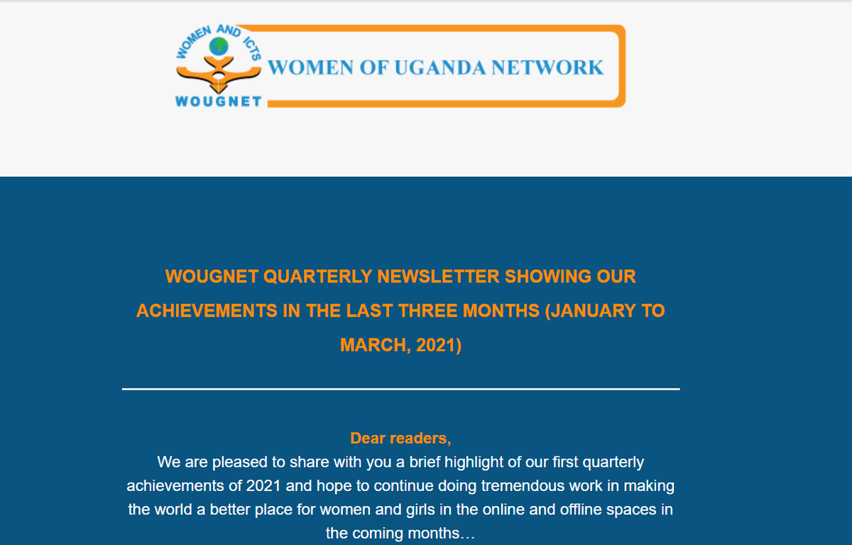 wougnet's tweet photo. The entire WOUGNET team is proud of all the accomplishments attained with continued support from members, beneficiaries, the Board, and partners in this first quarter of 2021.  Learn more about our work here: https://t.co/rQFxQCyXUX

#BriefHighlights #FirstQuarterOfTheYear https://t.co/vmd2FDEMcT