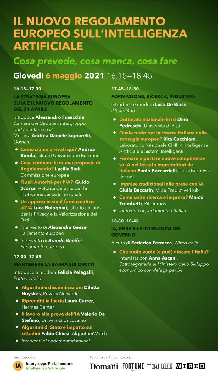 Come Intergruppo parlamentare sull’IA ho promosso un incontro di approfondimento online (che si terrà giovedì pomeriggio) sulla proposta di nuovo regolamento europeo.
In locandina trovate i dettagli. Fatelo sapere a tutti coloro che ritenete possano essere interessati!