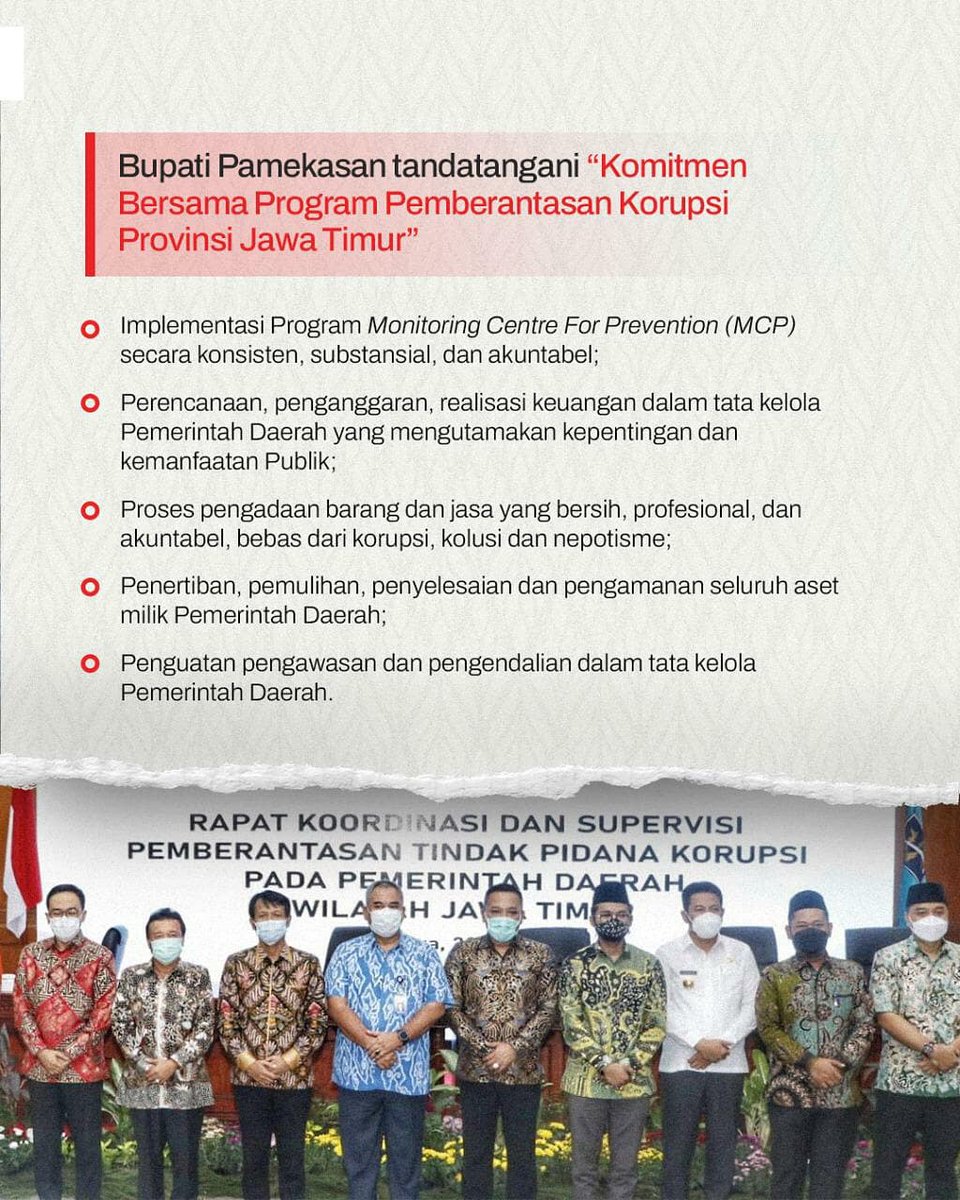 Penandatanganan di Kantor PemKot Surabaya 30 April 2021 bersama Kepala Daerah di Jawa Timur.

Dengan komitmen tersebut Mas Tamam ingin menciptakan Pamekasan yang bersih, bebas dari korupsi, kolusi, dan nepotisme (KKN).

#mastamam #bupatipamekasan #pamekasanreborn #baddruttamam