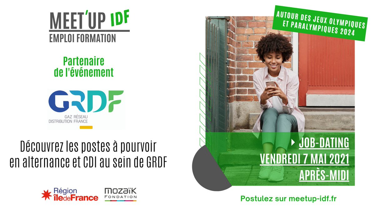 #etudiants découvrez les offres d'#emploi #GRDF en #IDF et obtenez un #jobdating le 7 mai 2021 après-midi !Postulez ➡️ cutt.ly/XbiZVW6
#Recrutement #Formation #Energie #GRDF #MeetUpIDF <a href="/MozaikFondation/">Fondation Mozaïk</a> <a href="/GRDF/">GRDF</a> @WLGaz @Iledefrance #JeuxOlympiques24