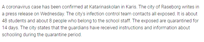 Finland: Some recent examples of school or daycare exposures and quarantines.